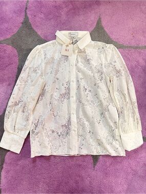 RIHOAS White Sheer Lace Button-Up Blouse